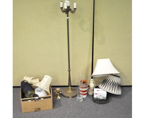 A brass lamp together with a quantity of lamps and other items