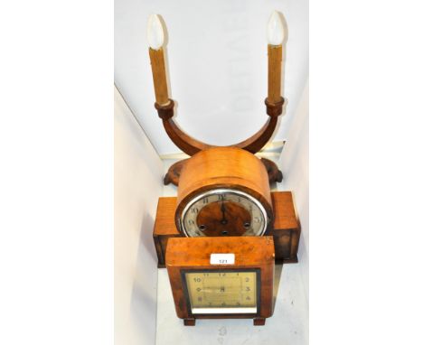 Two Art Deco clocks and an Art Deco lamp in oak