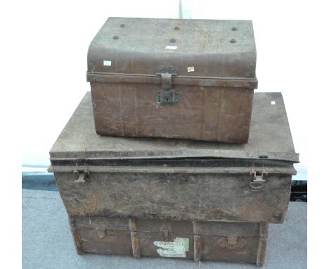 Two tin trunks and a fabric trunk