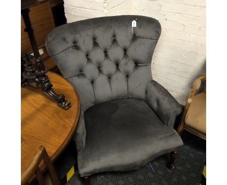 LARGE GREY VELVET BUTTON BACK ARMCHAIR