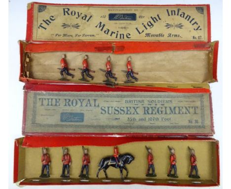 Britains set 36, Royal Sussex Regiment marching at the slope FIRST VERSION Germanic fixed arm figure with valise pack, and mo