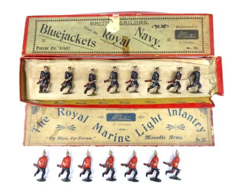 Britains set 78, Royal Navy Bluejackets running at the trail FIRST VERSION with Petty Officer in original slit sided printers