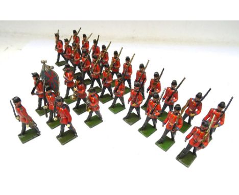 Noris or other German maker 60mm size British Infantry in 1870s shakos, with two Officers, Colour Bearer and three Buglers (C