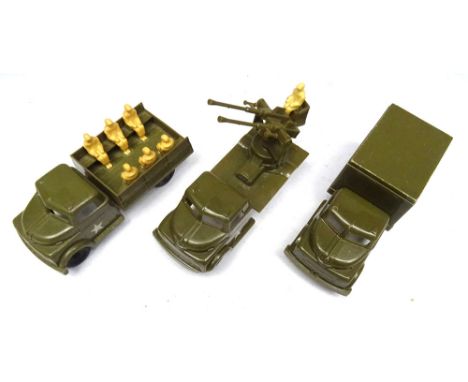 Kleeware (England) and Pyro (USA) three plastic Army Lorries Pyro troop transport with six figures, Kleeware twin AA gun lorr
