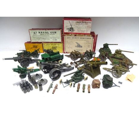 Britains and a few other Guns with two miniature Armoured Cars, a ten wheel Tender and a Limber, with ammunition and five ori