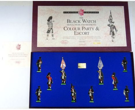 Britains Limited Editions of the Black Watch sets 5196, Pipe Band, and 5297, Colour Party, in original boxes and outers (Cond