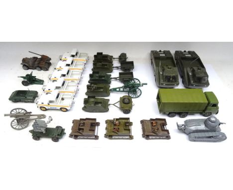 Assorted Vehicles including Britains: three Carden-Loyd Tanks (tracks missing) with five crew and one machine gun, five Polic