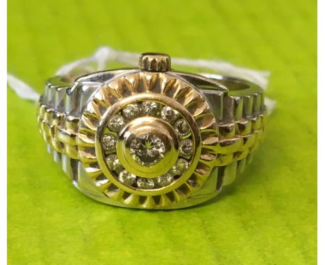 GENTS 18CT GOLD RING WATCH SET WITH DIAMONDS (CLOCK) 7.4G APPROX SIZE M
