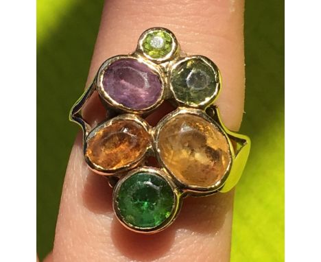 9CT GOLD RING MULTI COLOURED STONES 6.2G APPROX SIZE M