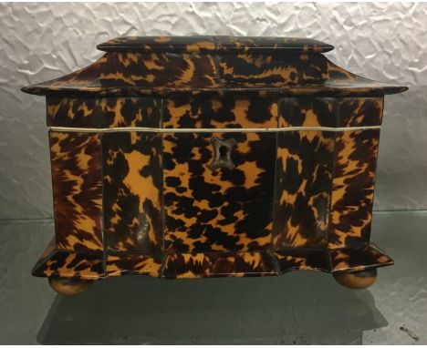 REGENCY BLONDE TORTOISE SHELL SERPENTINE TEA CADDY ON BUN FEET 