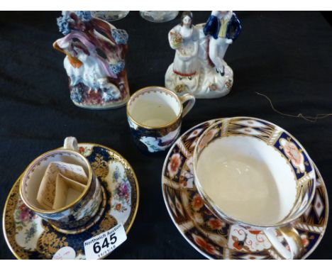 Two old Staffordshire ceramic figures, Royal Crown Derby cup and saucer etc 