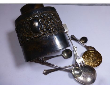 Collection of silver and white metal spoons and a silver plated tea caddy