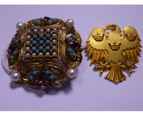 Vintage gilt metal brooch set with seed pearls, turquoise and amethyst, and an eagle brooch