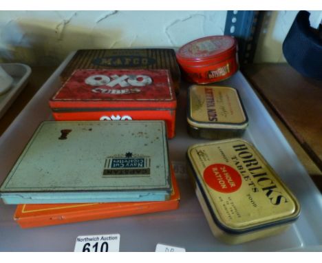 Selection of vintage metal advertising tins including ~ Mafco, Oxo Cubes etc 