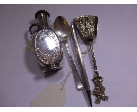 Silver pencil, silver teaspoon, Dutch silver plated caddy spoon and silver plated powder shaker