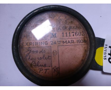 Vintage car tax disc and holder, registration LG4 124 Chevrolet, March 1936