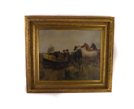 An oil on canvas 'Horseless Carriage' of a broken down vintage car, with the occupants trying to fix it while horses look on,