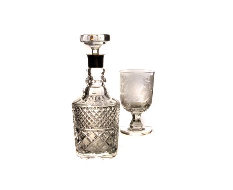 A 19th century cut glass wheel engraved goblet, together with a cut glass decanter with silver collar, a pair of Imari bottle