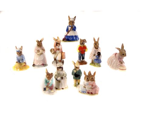 A collection of Royal Doulton Bunnykins porcelain figures, including Girl Skater DB153, Storytime DB9, Ballarina DB176, Seasi