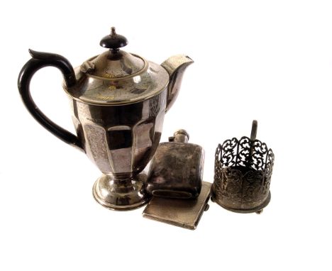 A George V silver hip flask, marked Sheffield 1923 by James Dixon & Son, together with a silver cigarette case and other plat