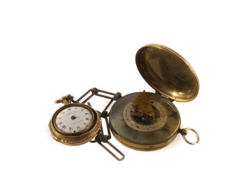 A rolled gold lady's open faced fob watch, the case with miniature painted panel of a lady, surrounded small round cut paste 