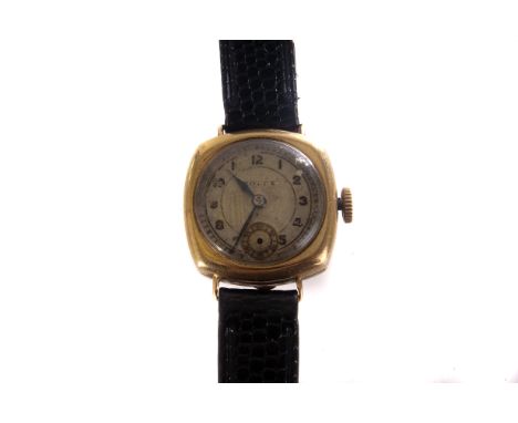 A vintage lady's 9ct gold cased Rolex watch, missing second hand, on black lizard grain leather strap, AF