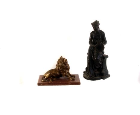 A spelter figure of a young woman playing a tambourine, marked Couret to bottom, together with a gilt painted spelter figure 
