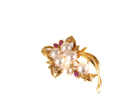 A 14K marked gold , cultured pearl, ruby and diamond floral brooch, in stylised open work form, the central six cultured pear