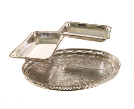 Two silver plated chafing dishes, together with a selection of fish eaters and flatware, plus a plated oval serving tray (par