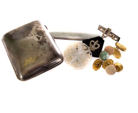 A selection of various jewellery and other items, including dress studs, hat pins, silver cigarette case, mother of pearl bro