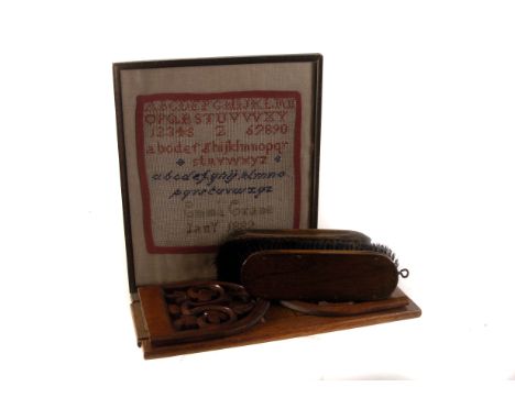 A Gentleman's lot: Two vintage shoe polishing brushes, together with a mahogany writing slope, a set of adjustable book ends 