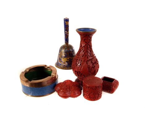 A collection of various oriental items, to include a lacquered vase, and pot, together with cloisonné ashtray and handbell (p