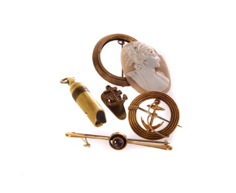 A 15ct gold Naval brooch, together with a Naval button, 9ct gold cameo brooch, gold and gem set bar brooch and an ivory whist