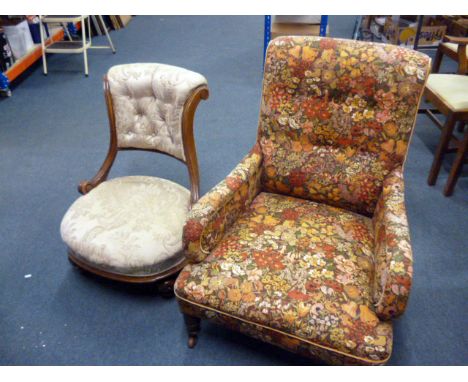 A medieval revival nursing chair,  with button back design, together with a florally upholstered Victorian nursing chair in t