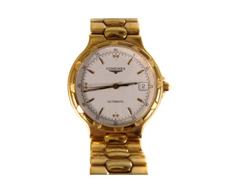 A Longines Conquest gilt metal gentleman's wristwatch, having both Arabic and baton numerals to white face, date appiture, in
