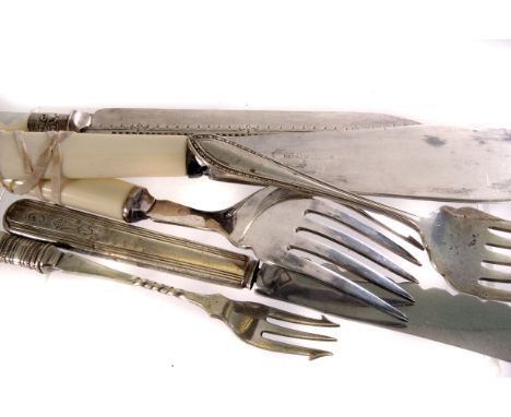 A collection of silver and plated flatware, including mother of pearl handle pickle forks, fork sets and more (parcel)