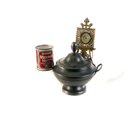 A collection of miscellaneous items, to include a George V gallon measure, a brass mantle clock, a pewter tureen and cover, a