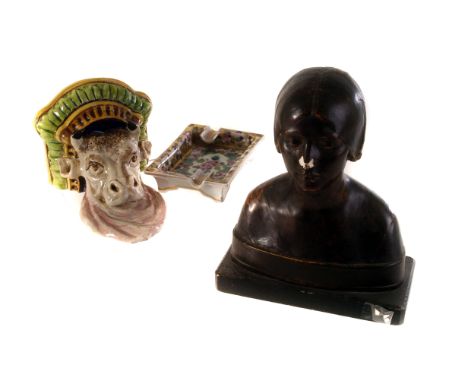 An Italian pottery bull wall mount, together with a Dresden florally decorated ashtray and a plaster bust of a woman (3)