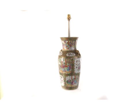 A large Chinese canton vase, later converted into a table lamp, approx 45cm H excluding lamp fittings 