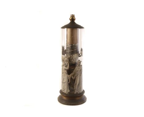 A modern mid 20th century Decoupage lamp base, having inner column with building scenes and outer glaze with classical figura