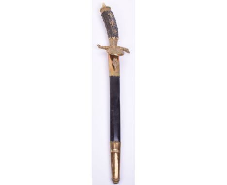 Post War German Hunting Association Dagger, stag horn grip with three gilt metal inverted acorn fittings. Decorative top pomm