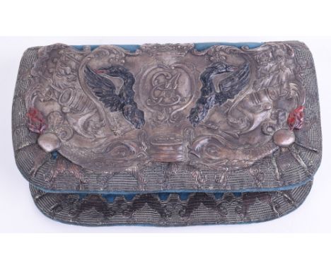 Early Imperial Russian Cartouche Pouch, large pouch of blue velvet cloth with decorative silver braid edging. Large pressed m