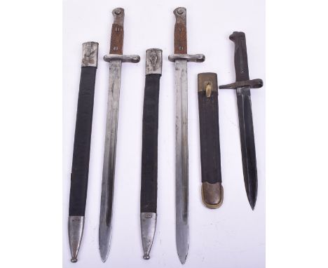 Three Bayonets, consisting of Italian Vetterli 1870/87 bayonet complete with leather and brass mounted scabbard and 2x Spanis