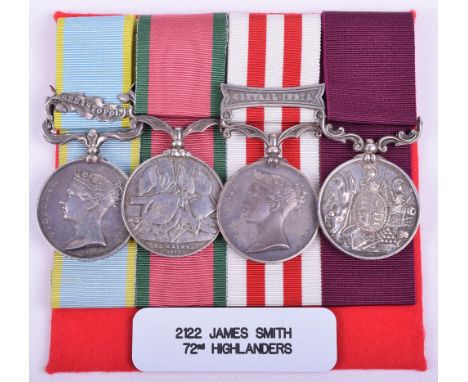 Crimea and Indian Mutiny Group of Four 72nd Highlanders, Crimea medal with clasp Sebastopol engraved “No 2122 James Smith 72n