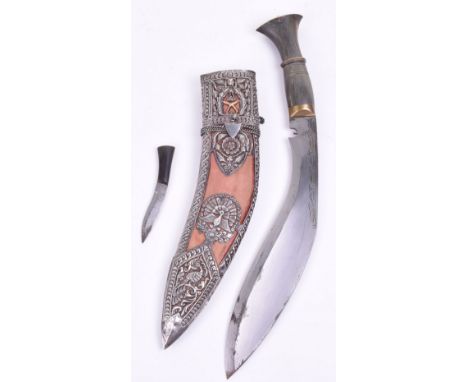 Gurkha Kukri, housed in felt cloth covered scabbard with well worked silver relief decoration of birds, flowers, crossed Kukr