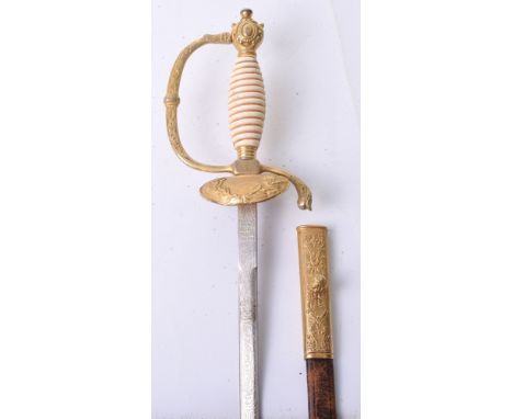 20th Century Spanish Court Sword with white celluloid grip, gilt decorated knuckle bow and laurel wreath decorated guard. Hou