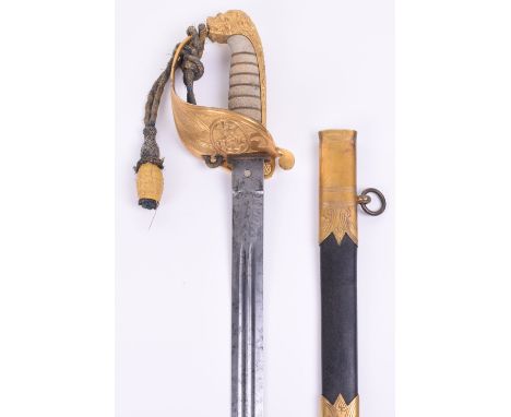 Victorian RNAV Officers Sword, regulation claymore blade 32” by G Lake Stonehouse Plymouth etched with Royal Arms and crowned