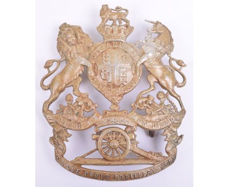 Victorian Cinque Ports Artillery Volunteers Other Ranks Helmet Plate, white metal example with Royal Arms above Artillery fie