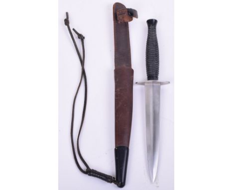 French Made Fairbairn Sykes (F.S) Style Fighting Knife, with ribbed black painted one piece grip having top securing nut. Hou