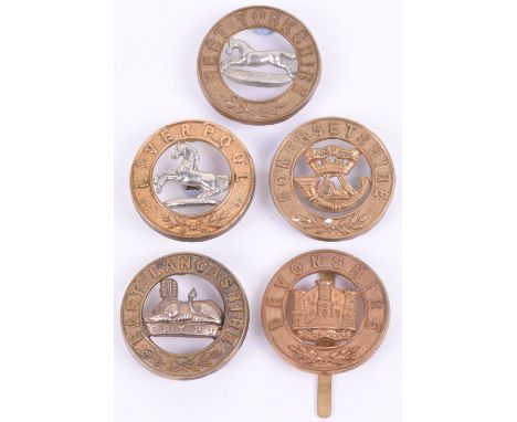 Five Other Ranks Helmet Plate Centres, consisting of East Lancashire Regiment, Somerset Light Infantry, West Yorkshire Regime